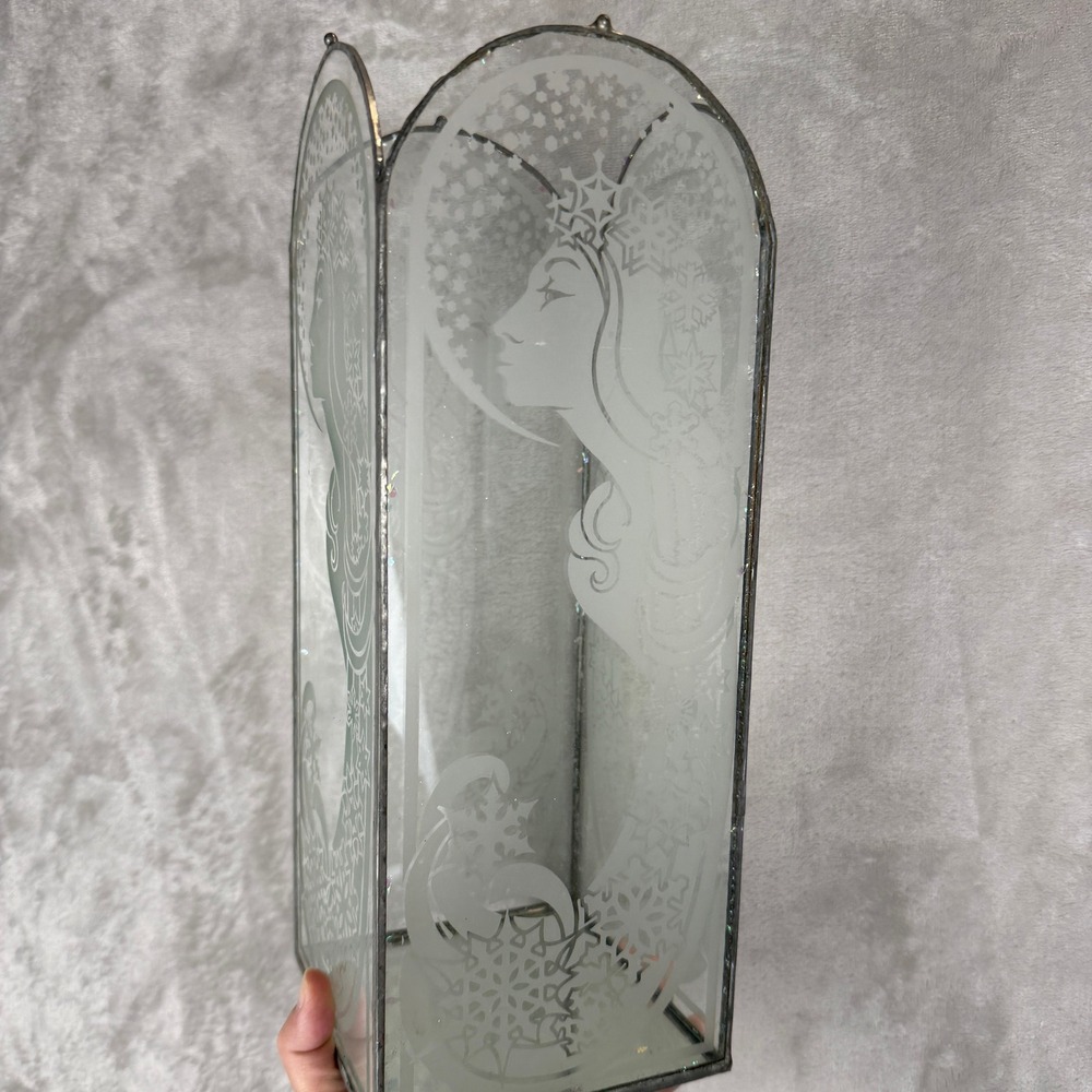 Art Nouveau Etched Stained Glass Winter‎ Snow Queen Lantern Candle Holder 13.5in